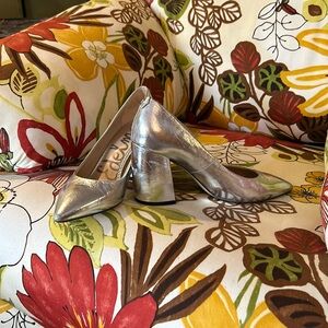 SAM EDELMAN SHOES TATIANA PUMPS BLOCK HEEL METALLIC SILVER 8.5